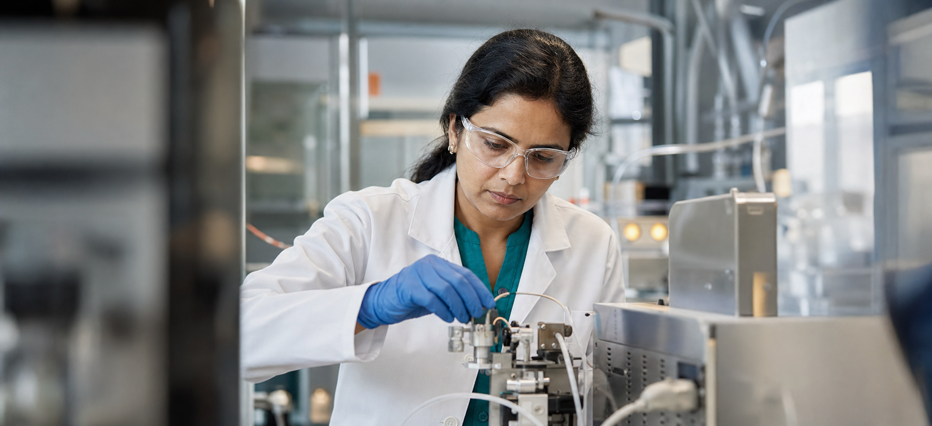 A biomedical scientist adjusting diagnostic research equipment